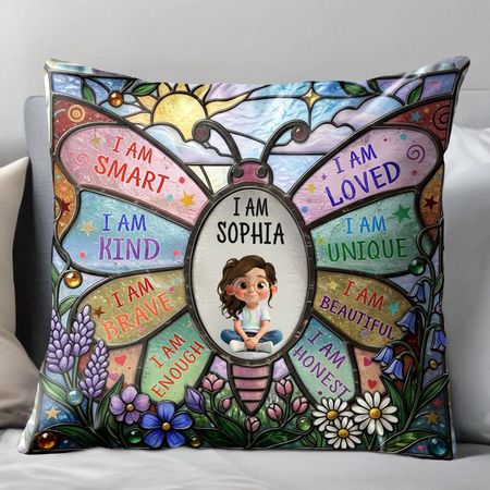 I Am Smart Kind Brave Butterfly Stained Glass Little Boy Affirmations - Personalized Custom Pillow, Insert Included