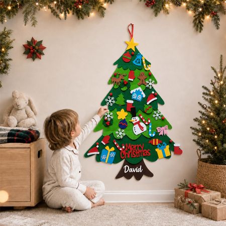 Personalized Kids Felt Christmas Tree – Custom Name DIY Wall Hanging Ornament Activity Set