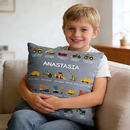 Personalized multi-color construction truck, excavator, and bulldozer throw pillows, with customizable text.