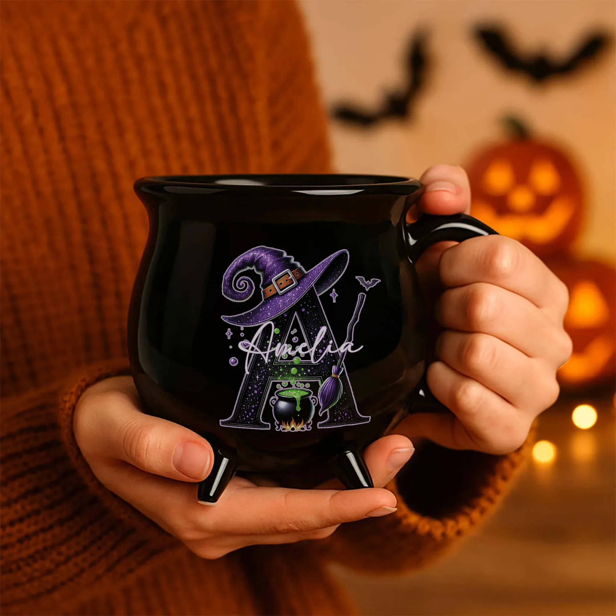Personalized Magic Pot and Witch Hat Glitter Initial Black Cauldron Ceramic Coffee Mug with Name Trick or Treat Halloween Party Gift for Women Kids