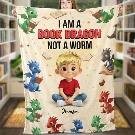 Personalised 'Book Dragon' Kids Flannel Blanket – Custom Cartoon Child & Name, Cozy Reading Gift