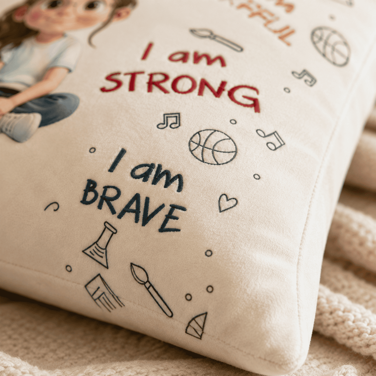 Close-up of soft printed plush pillow fabric