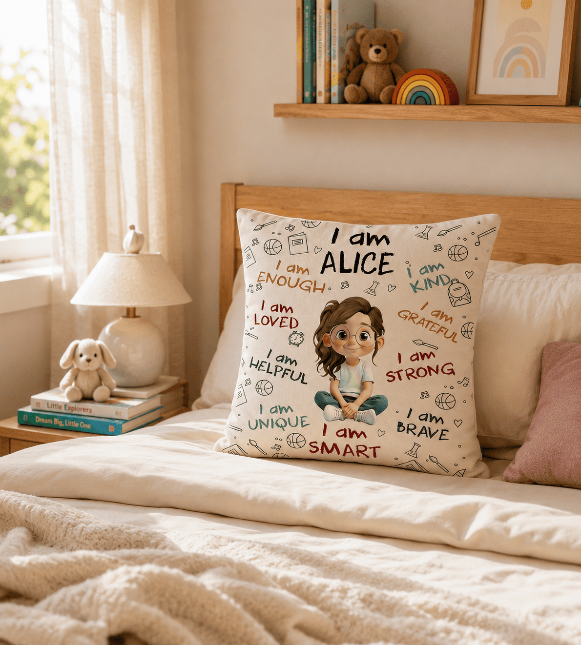 Personalized affirmation pillow in child's bedroom