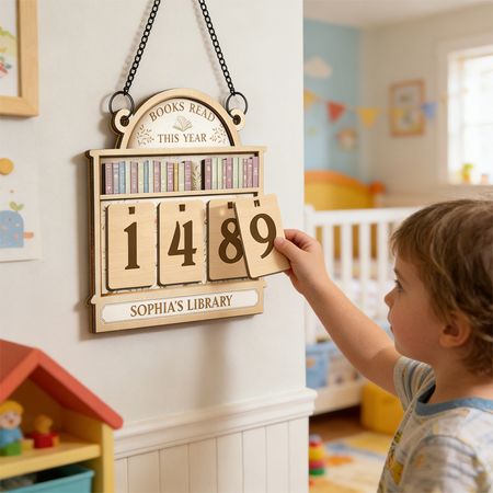 Kids Reading Tracker Bookshelf Sign - Personalized Books Read This Year Tracker For Children - Wooden Library Reading Goal Chart With Number Tiles