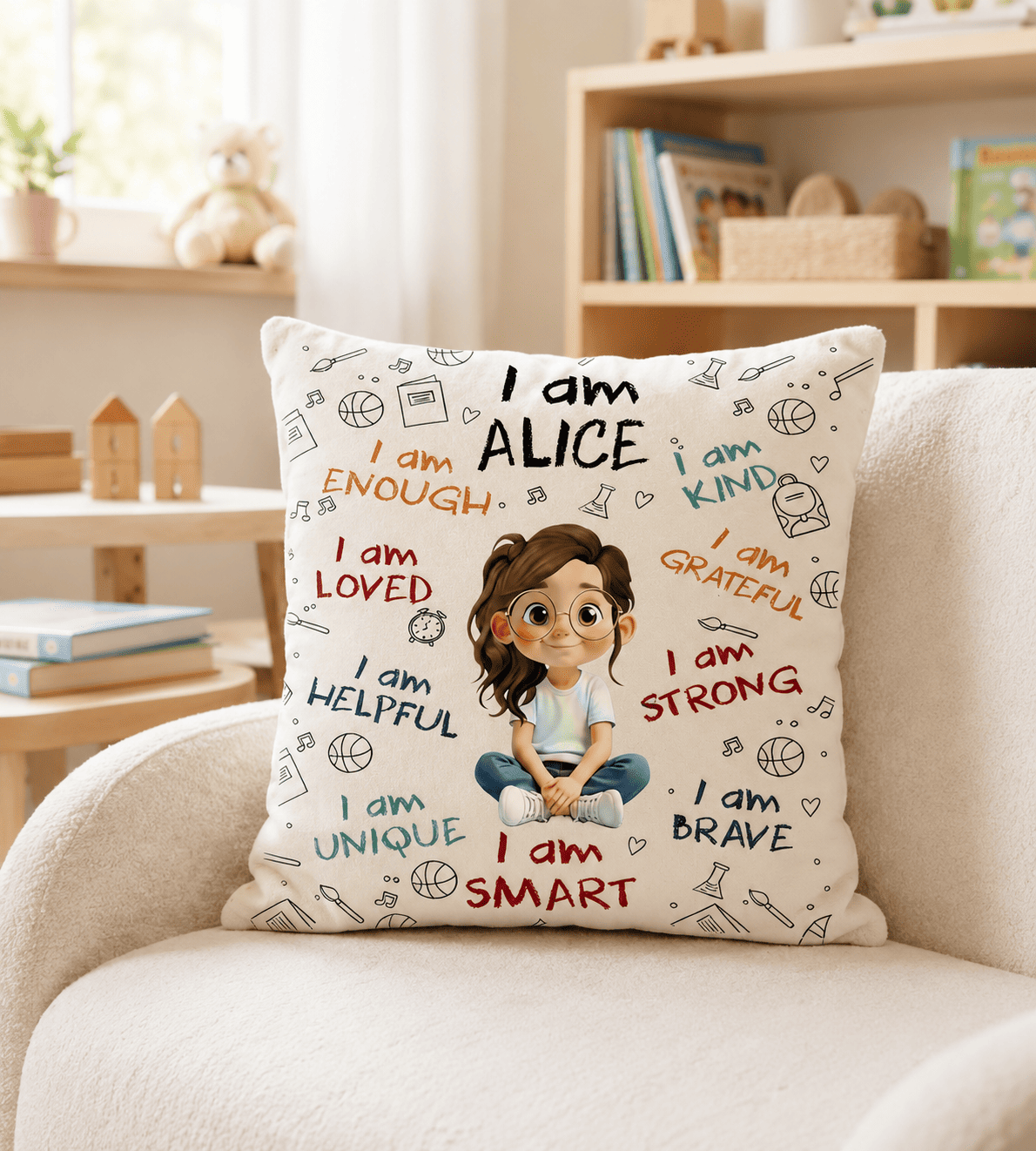 Personalized confidence affirmation pillow for kids
