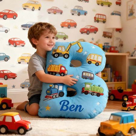 Personalised Letter Truck Cushion – Custom Name Pillow for Kids' Bedrooms & Thoughtful Gift for Parents