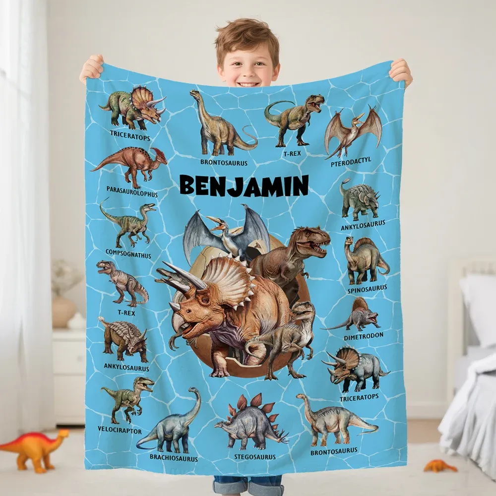 Personalized Dinosaur Themed Multicolor Soft Throw Blanket with Name Home Decor Birthday Gift for Kids Dinosaur Lover