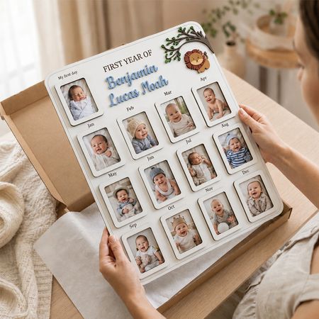 Personalized Lion Theme Baby First Year Photo Frame – Custom Name Monthly Milestone Picture Display