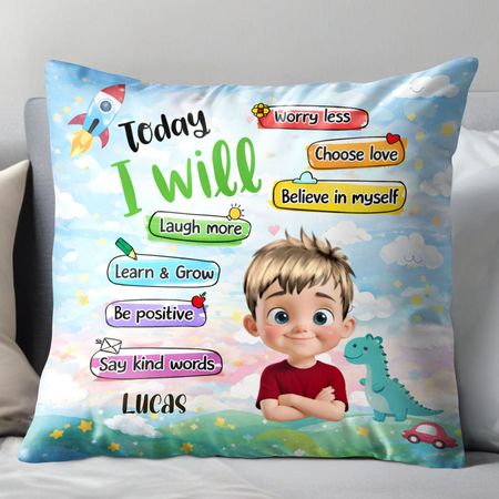 Today I Will Laugh More, Learn & Grow With Boy And Dinosaur - Personalized Custom Pillow, Insert Included