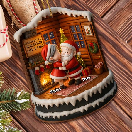 Growing Old Together Since, Santa Claus And Christmas Tree - Personalized Custom Wood Ornament, Custom Shaped