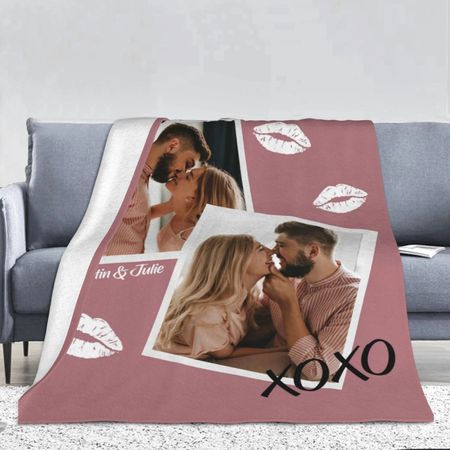 Personalized XOXO Lip Print Photo Collage  Fleece Blanket with Couple Names Valentine's Day Anniversary Gift for Couple