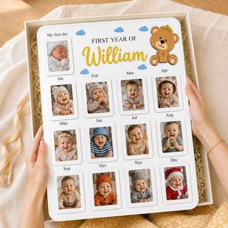 Personalized Bear Baby First Year Photo Frame – Custom Name Monthly Milestone Keepsake