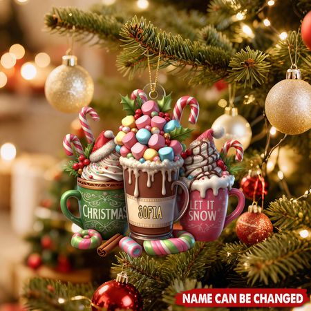 Let It Snow Christmas Candy Cane Hot Cocoa Cup Personalized Acrylic Ornament