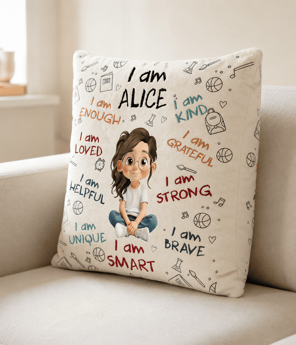 Side view of personalized confidence pillow