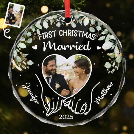 Custom Photo Circle Glass Ornament - Personalized Anniversary Christmas Wedding Gifts For Husband And Wife, Him And Her - Wrapped In Love, Tied With Joy