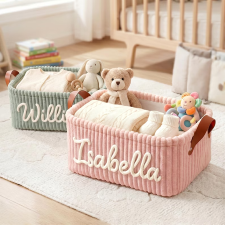 Personalized Baby Storage Basket,Baby Shower Gift, Moms To Be Gifts,Nursery Organizer with Leather Handles