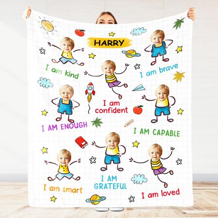 'I am kind, brave, and confident' starry sky and planet pattern blanket - Personalized custom blanket - includes pillowcase