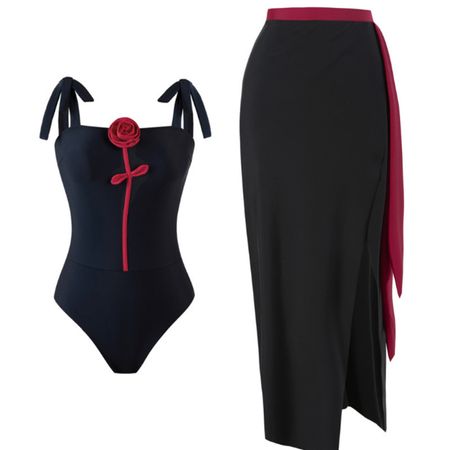 Rose Applique Swimsuit with Matching Black & Red Skirt 2025 | Lily's Summer