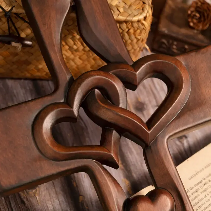 💕Hand carved Intertwined Heart Wooden Religious Cross💕