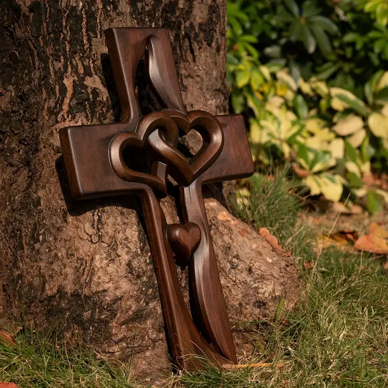💕Hand carved Intertwined Heart Wooden Religious Cross💕