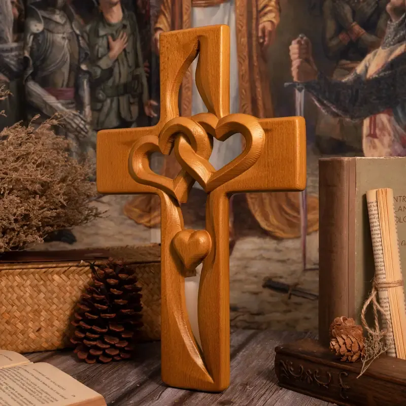 💕Hand carved Intertwined Heart Wooden Religious Cross💕