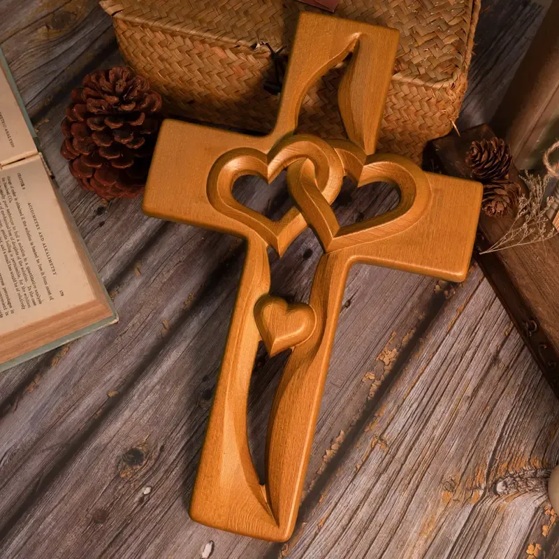 💕Hand carved Intertwined Heart Wooden Religious Cross💕
