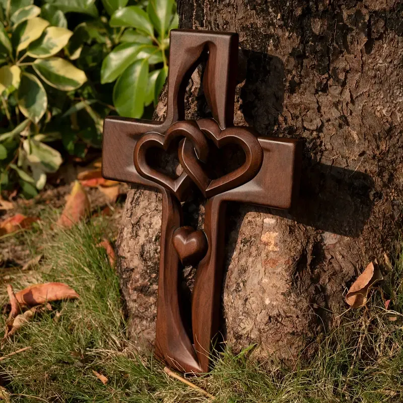 💕Hand carved Intertwined Heart Wooden Religious Cross💕