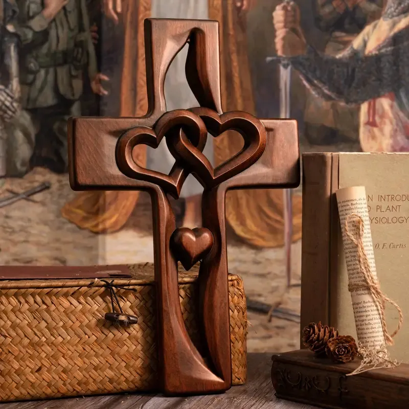 💕Hand carved Intertwined Heart Wooden Religious Cross💕