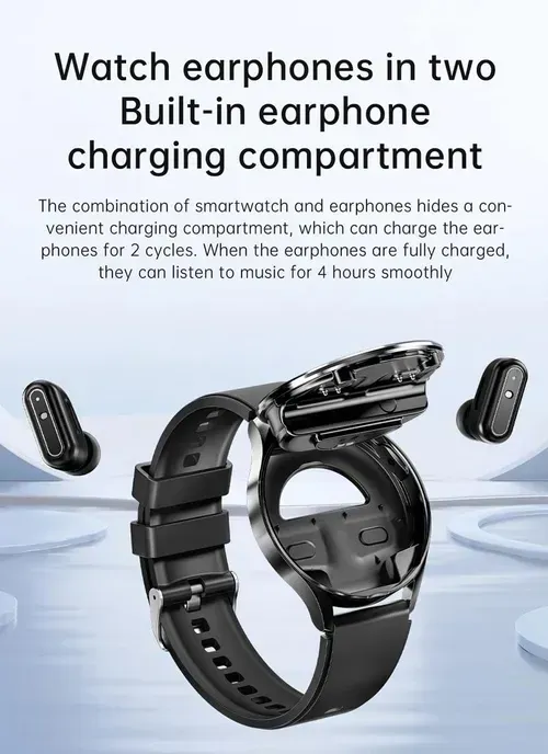 High-End 2 in 1 Smart Watch, NFC BT Call Round Smart Watch with Built-in Earbuds