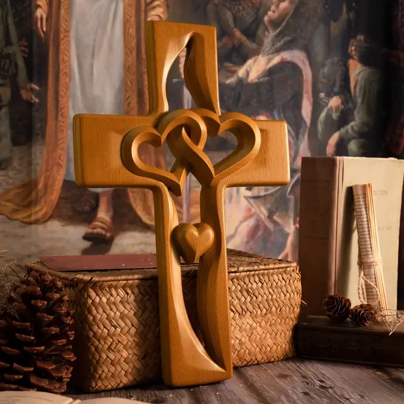 💕Hand carved Intertwined Heart Wooden Religious Cross💕