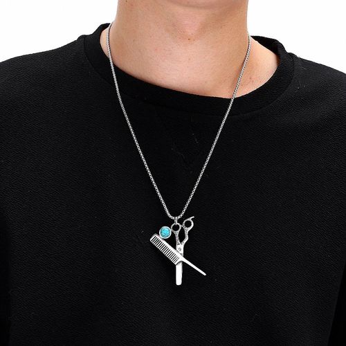 ✂️ Collier Pendentif Ciseaux Peigne Coiffeur Acier Titane Vintage Punk avec Pierre Turquoise, Accessoire Hip Hop Rock Unisexe