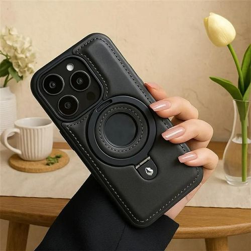 Coque iPhone en cuir : Étui en cuir PU avec support magnétique | Housse MagSafe de luxe avec logo creux | Compatible avec la série iPhone 12 à 17