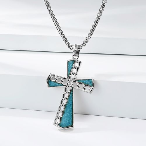 Collier Croix en chaîne titane avec turquoise, finition acier