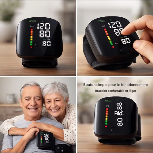 Tensiomètre de poignet portable à affichage LED et annonce vocale française