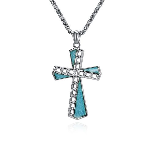 Collier Croix en chaîne titane avec turquoise, finition acier