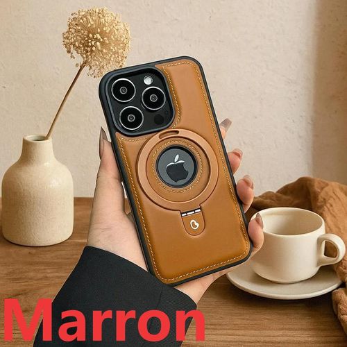 Coque iPhone en cuir : Étui en cuir PU avec support magnétique | Housse MagSafe de luxe avec logo creux | Compatible avec la série iPhone 12 à 17