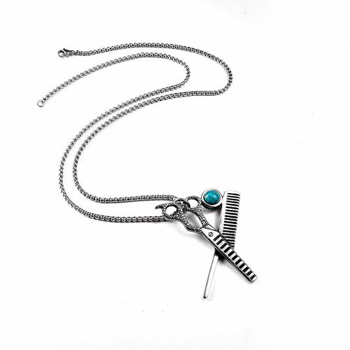 ✂️ Collier Pendentif Ciseaux Peigne Coiffeur Acier Titane Vintage Punk avec Pierre Turquoise, Accessoire Hip Hop Rock Unisexe