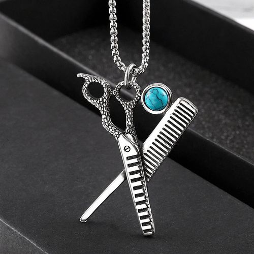 ✂️ Collier Pendentif Ciseaux Peigne Coiffeur Acier Titane Vintage Punk avec Pierre Turquoise, Accessoire Hip Hop Rock Unisexe
