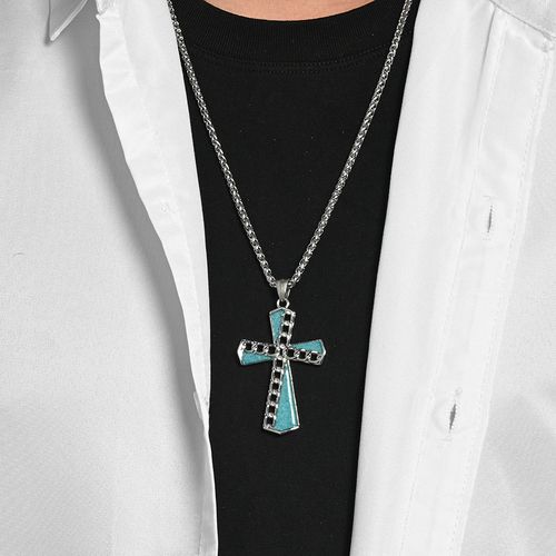 Collier Croix en chaîne titane avec turquoise, finition acier