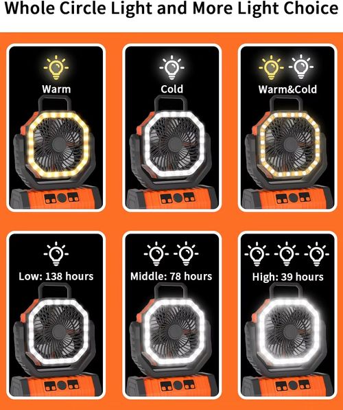 Iluminação portátil para exterior, ventilador USB recarregável com luz