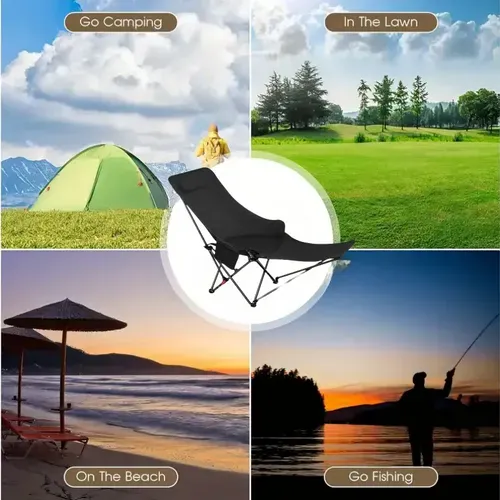 Cadeira reclinável dobrável portátil, estrutura de aço com enchimento de esponja, espreguiçadeira de piquenique de campismo ao ar livre ajustável manual, sem necessidade de eletricidade, fácil limpeza, cadeira de campismo.