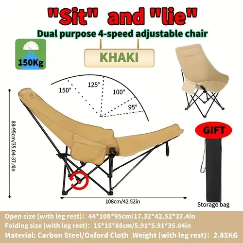 Cadeira reclinável dobrável portátil, estrutura de aço com enchimento de esponja, espreguiçadeira de piquenique de campismo ao ar livre ajustável manual, sem necessidade de eletricidade, fácil limpeza, cadeira de campismo.