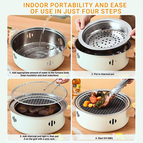 Grelha portátil multifuncional redonda a carvão com grelha, base e pinça - perfeita para acampamentos ao ar livre, churrascos e para preparar chá.