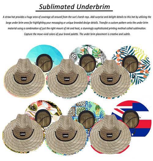 Underbrim Print Lifeguard Embroidered Straw Hat Custom Kids Straw Beach Hats With Logo Straw Hats With Logo