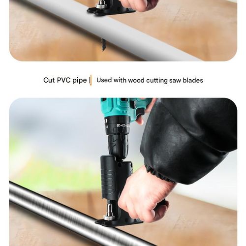 Electric drill to electric saw conversion adapter, a small handheld multi-purpose electric woodworking saw for home use.