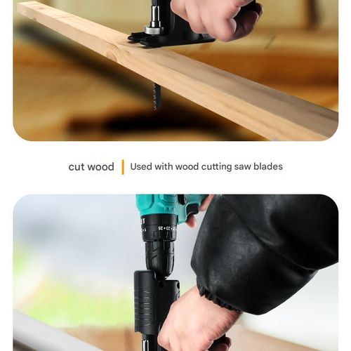 Electric drill to electric saw conversion adapter, a small handheld multi-purpose electric woodworking saw for home use.