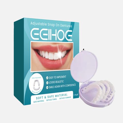 Adjustable denture set, perfect fit, whitens teeth, snap-on silicone portable denture aligner, fills gaps between teeth, smile veneers.