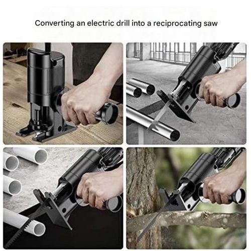 Electric drill to electric saw conversion adapter, a small handheld multi-purpose electric woodworking saw for home use.