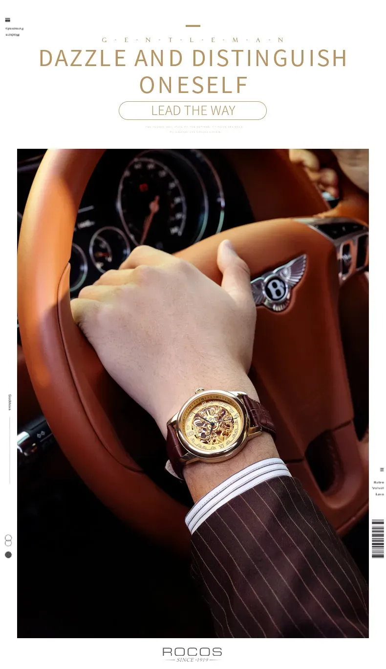 Men's Skeleton Automatic Watches Genuine Leather Strap Waterproof Wrist Watch for Man