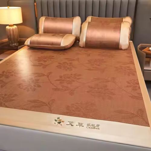 Summer wormwood mosquito repellent ancient rattan ice silk double-sided mat household mat three-piece set summer cool silk straw mat rattan mat